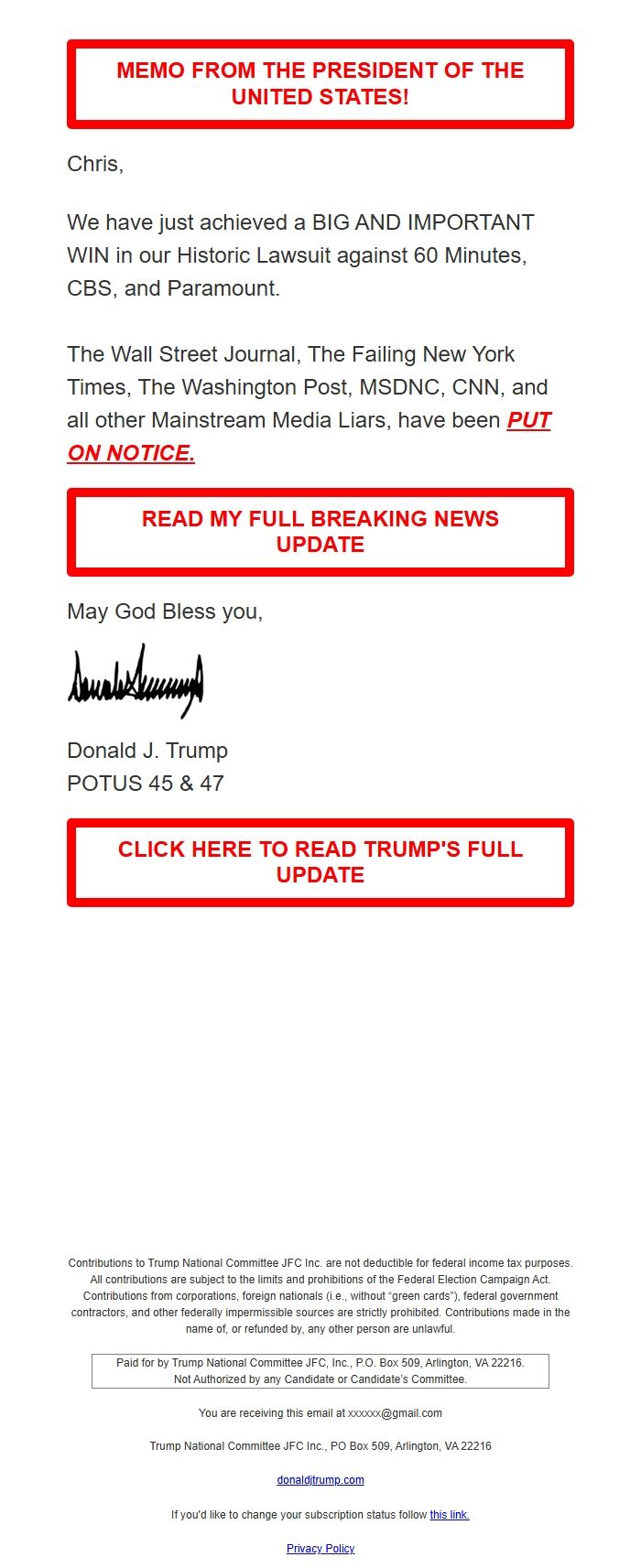 Screenshot of the email generated on import