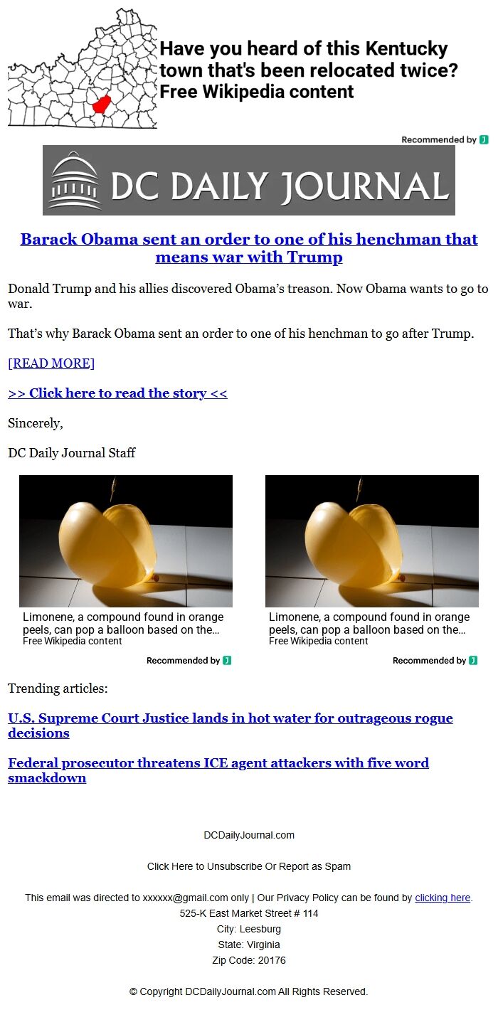 Screenshot of the email generated on import