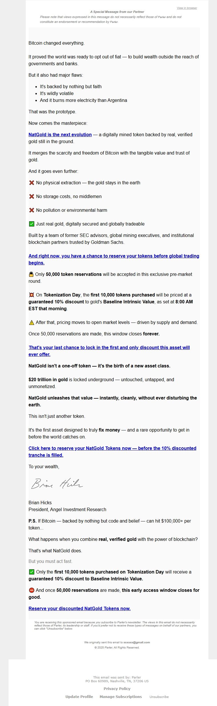 Screenshot of the email generated on import