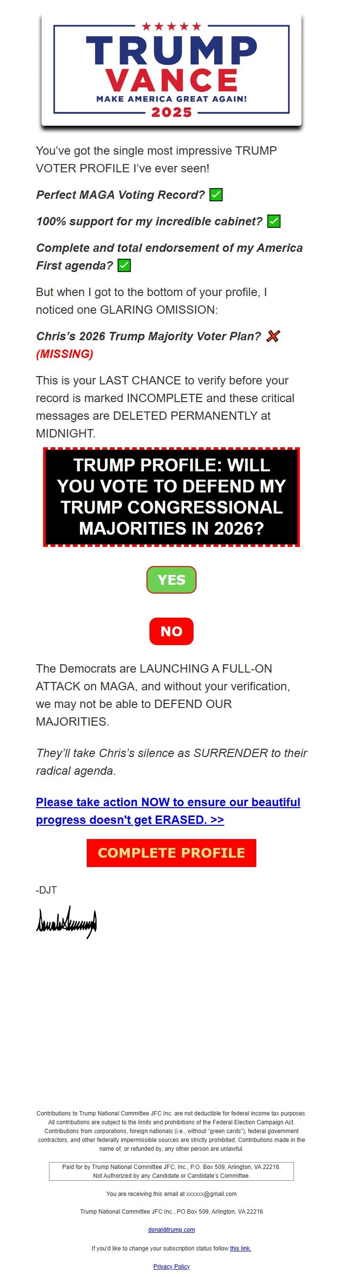 Screenshot of the email generated on import