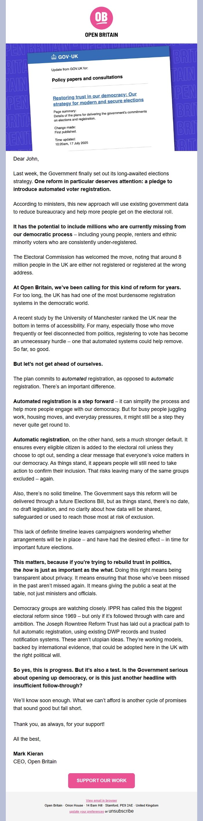Screenshot of the email generated on import