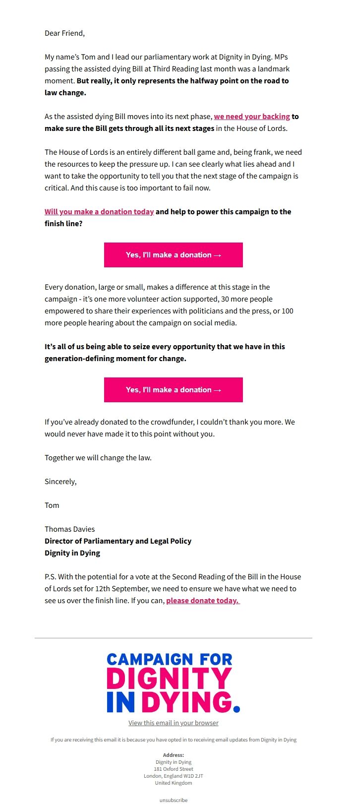 Screenshot of the email generated on import