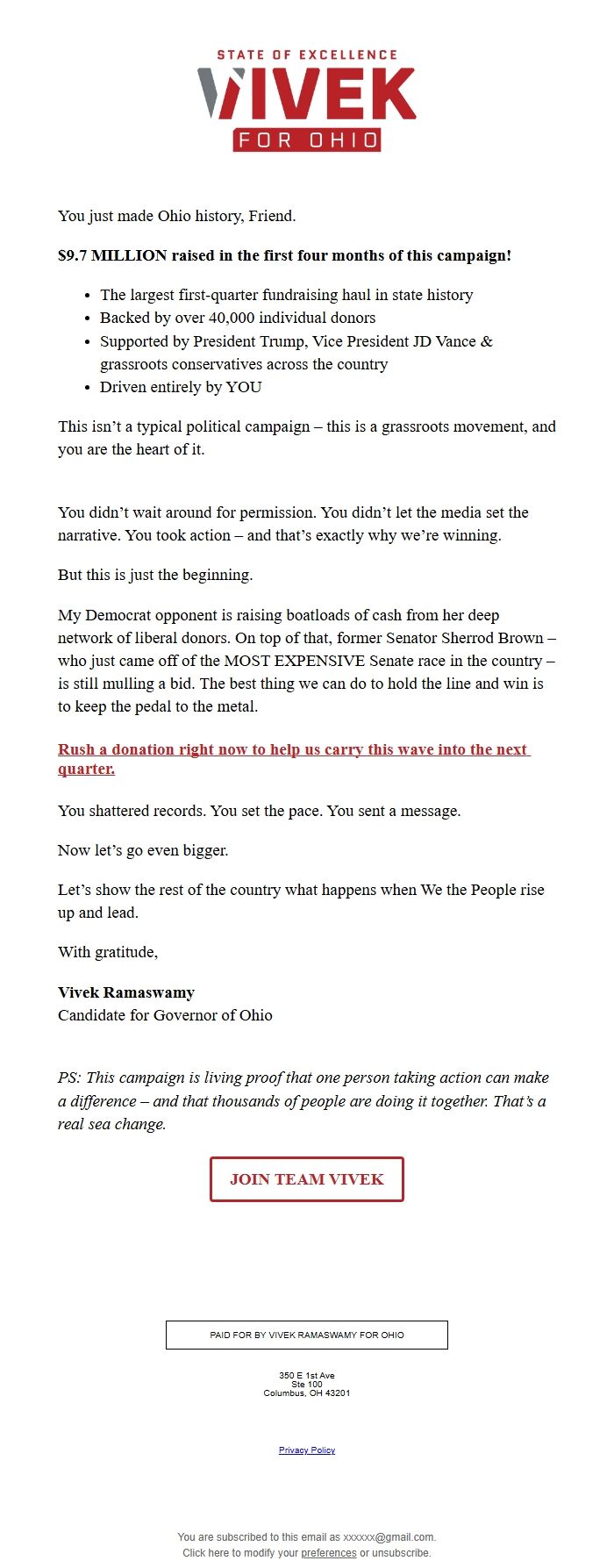 Screenshot of the email generated on import