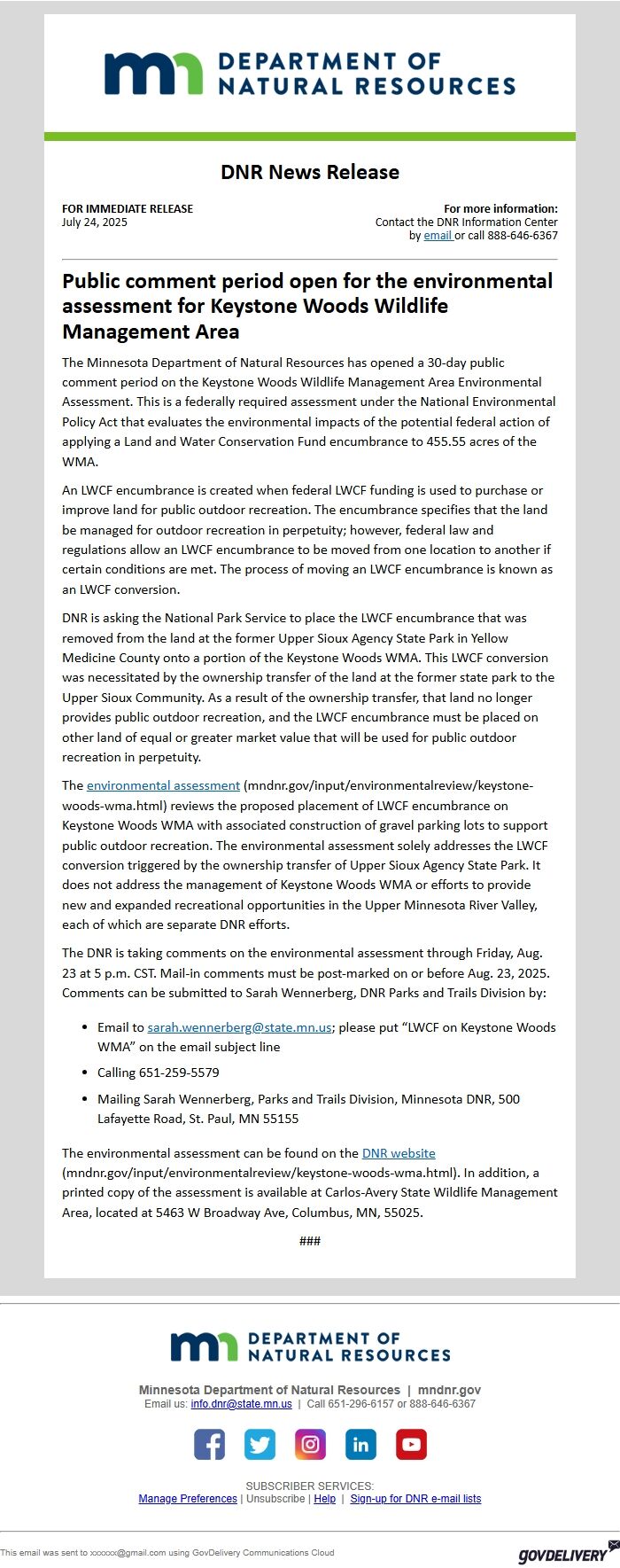 Screenshot of the email generated on import