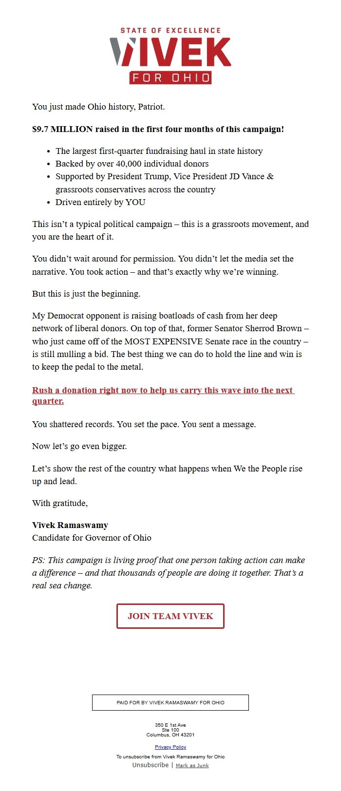 Screenshot of the email generated on import