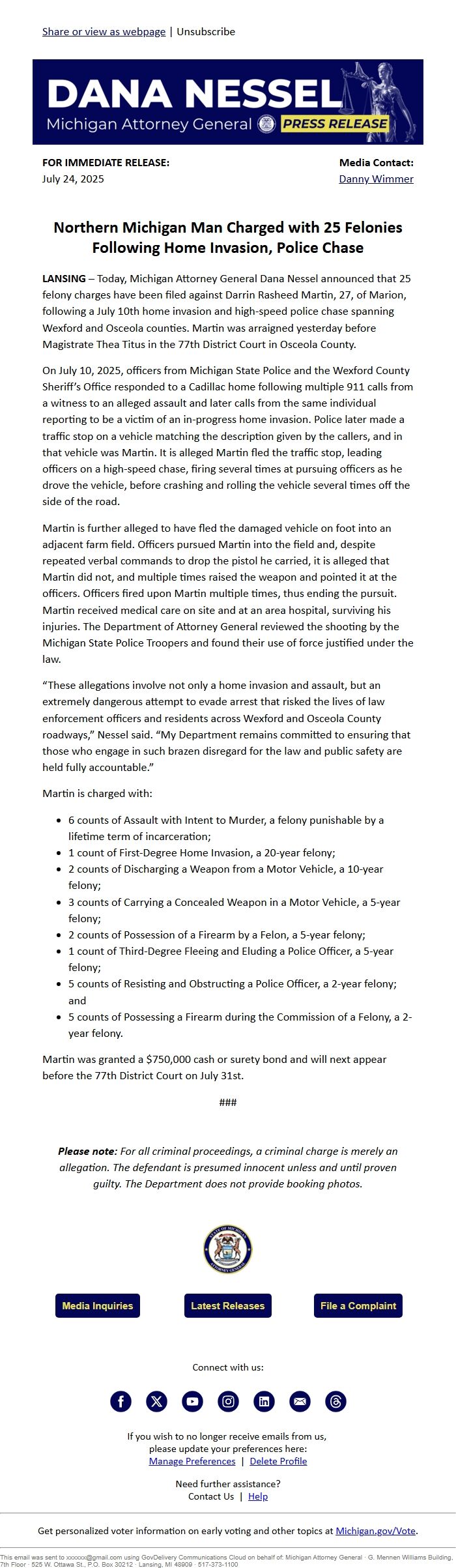 Screenshot of the email generated on import