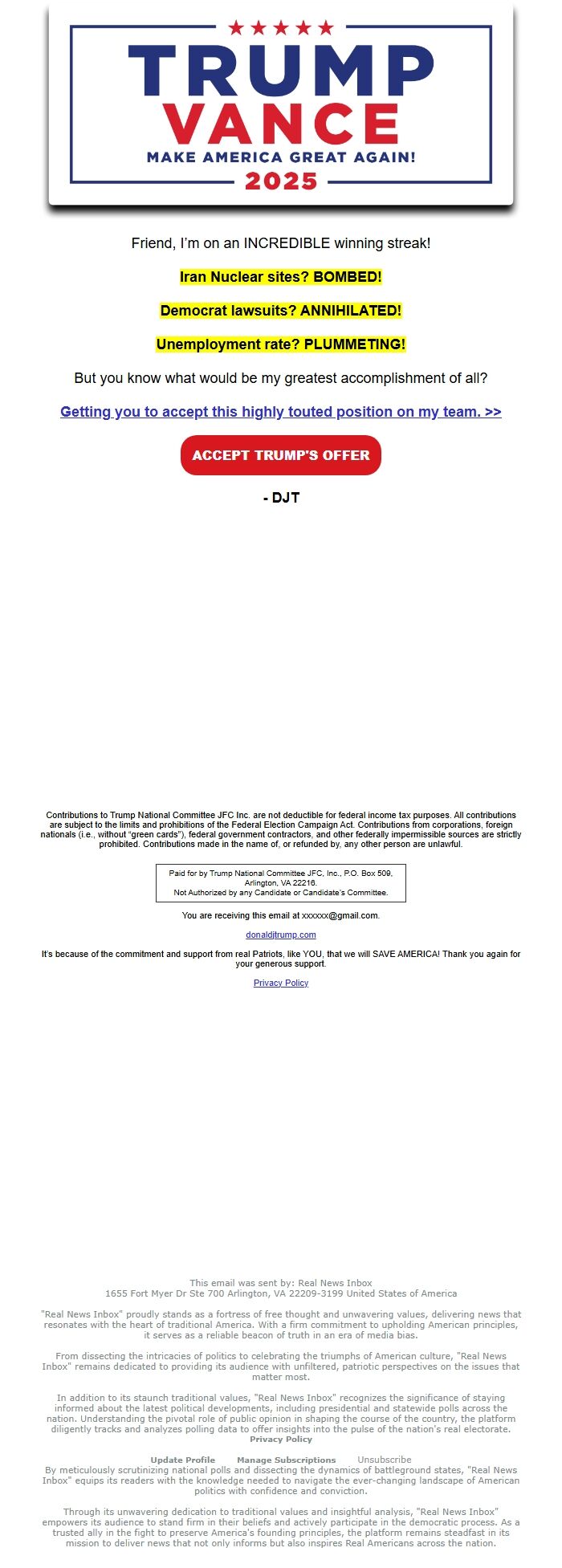 Screenshot of the email generated on import