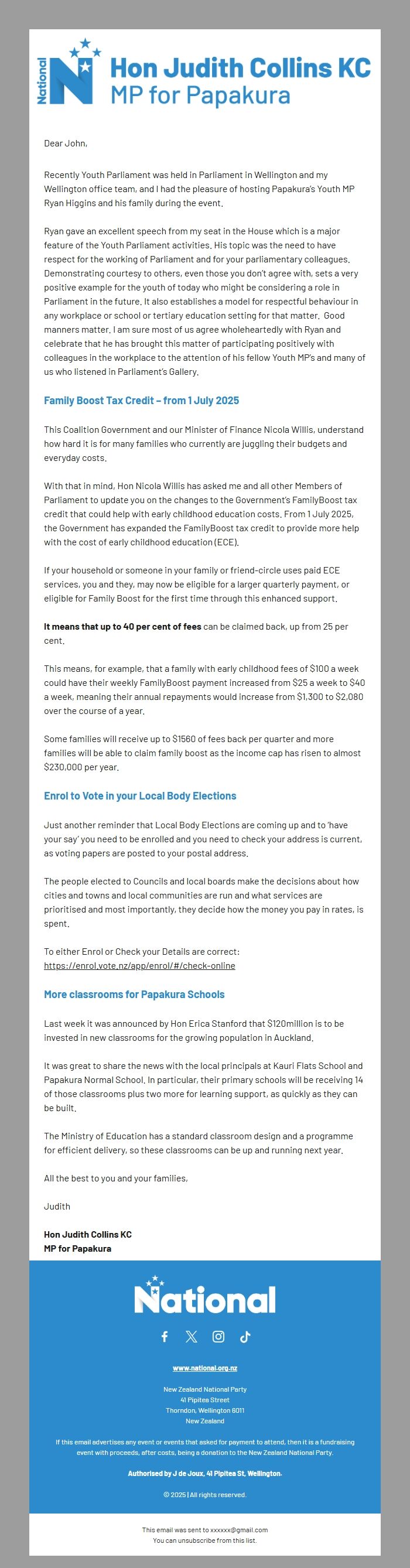 Screenshot of the email generated on import