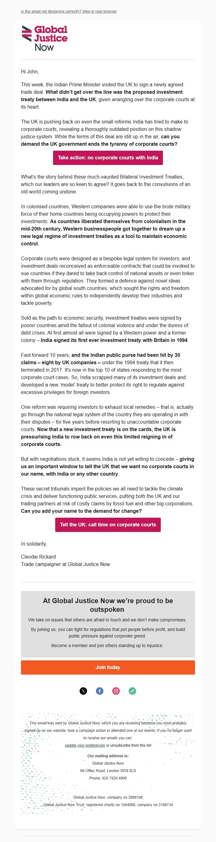 Screenshot of the email generated on import