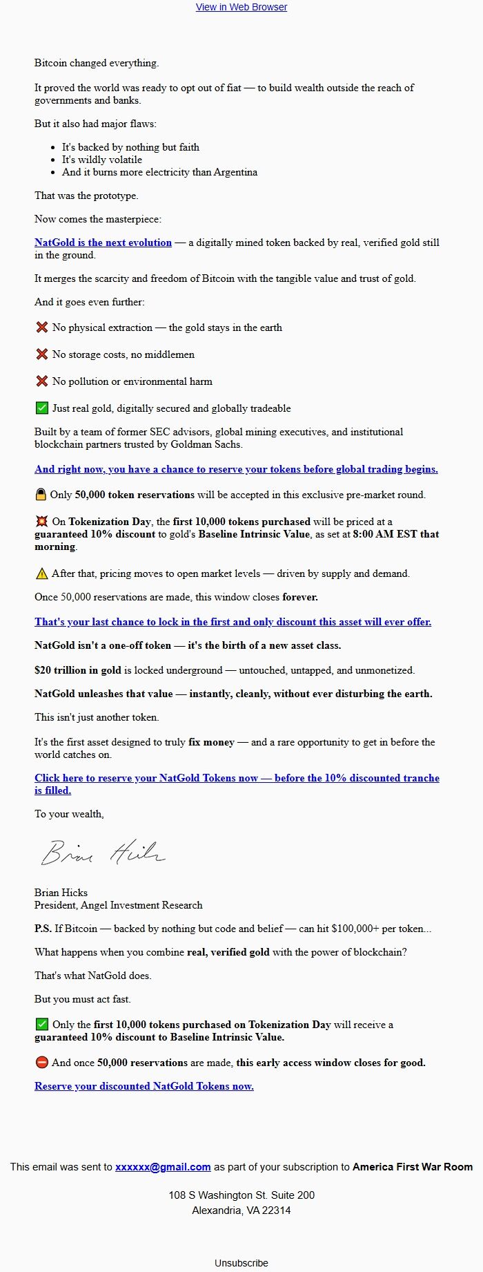 Screenshot of the email generated on import