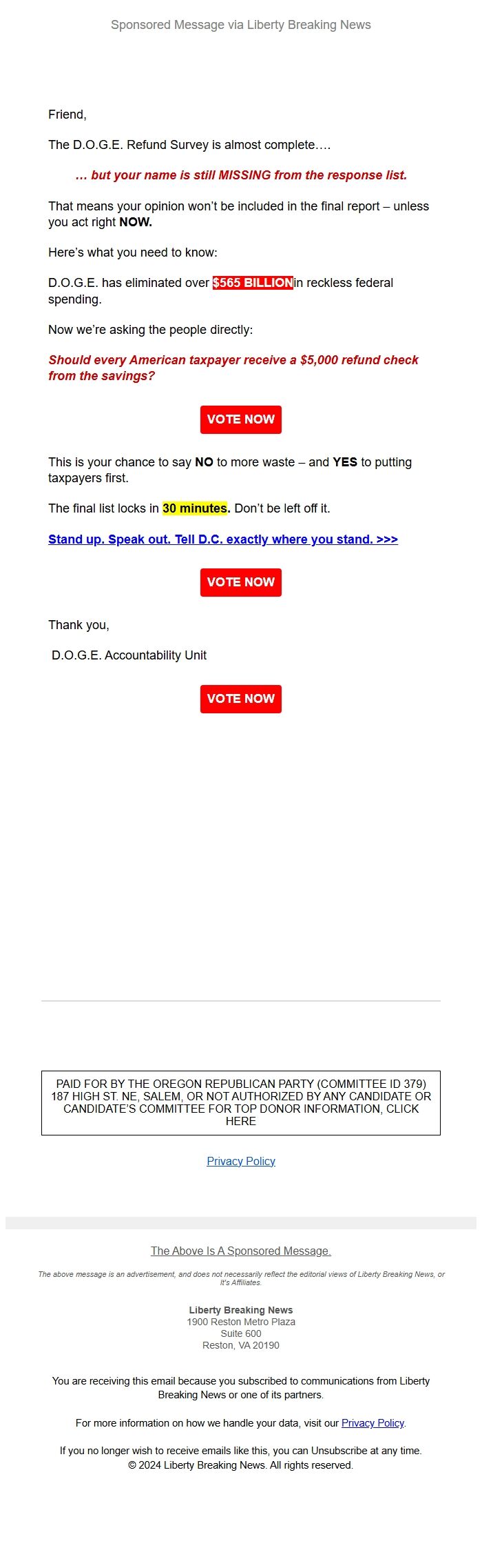 Screenshot of the email generated on import