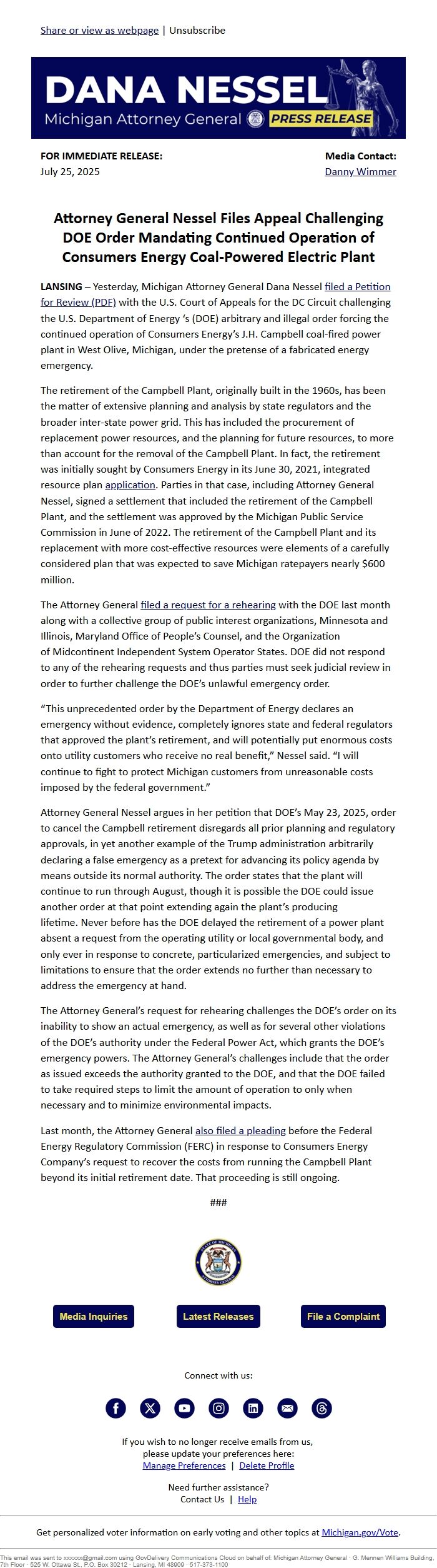 Screenshot of the email generated on import
