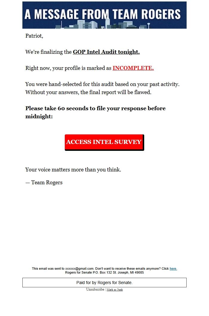 Screenshot of the email generated on import