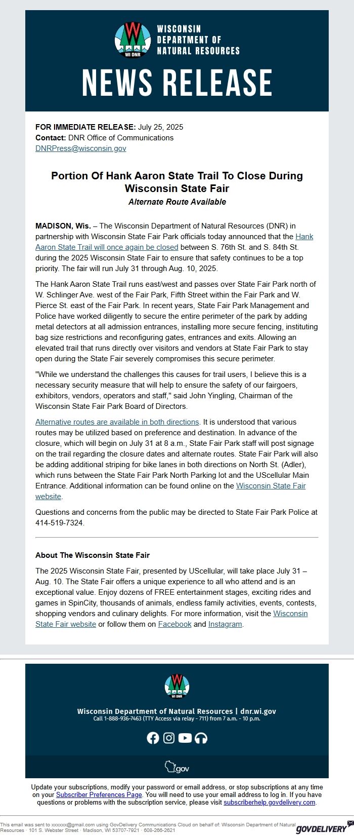 Screenshot of the email generated on import