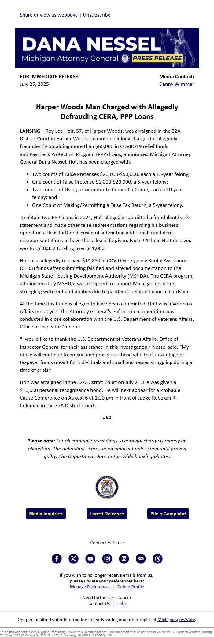 Screenshot of the email generated on import