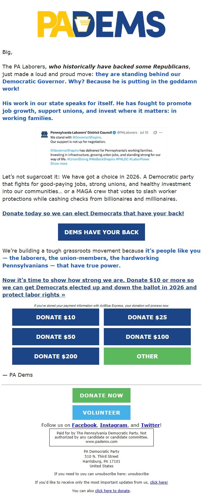 Screenshot of the email generated on import
