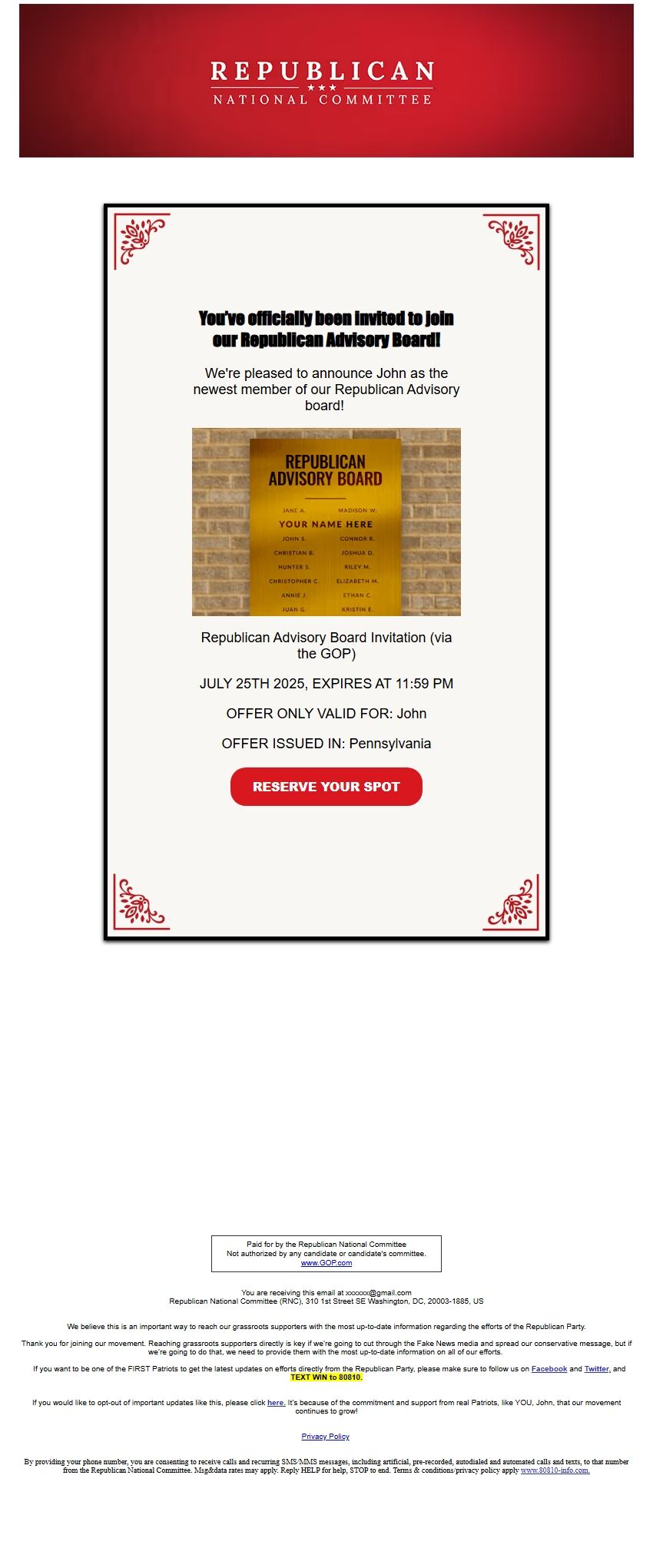 Screenshot of the email generated on import
