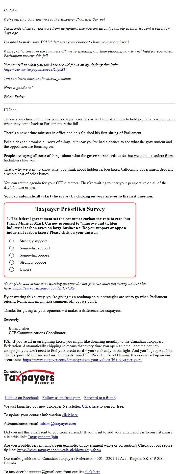 Screenshot of the email generated on import