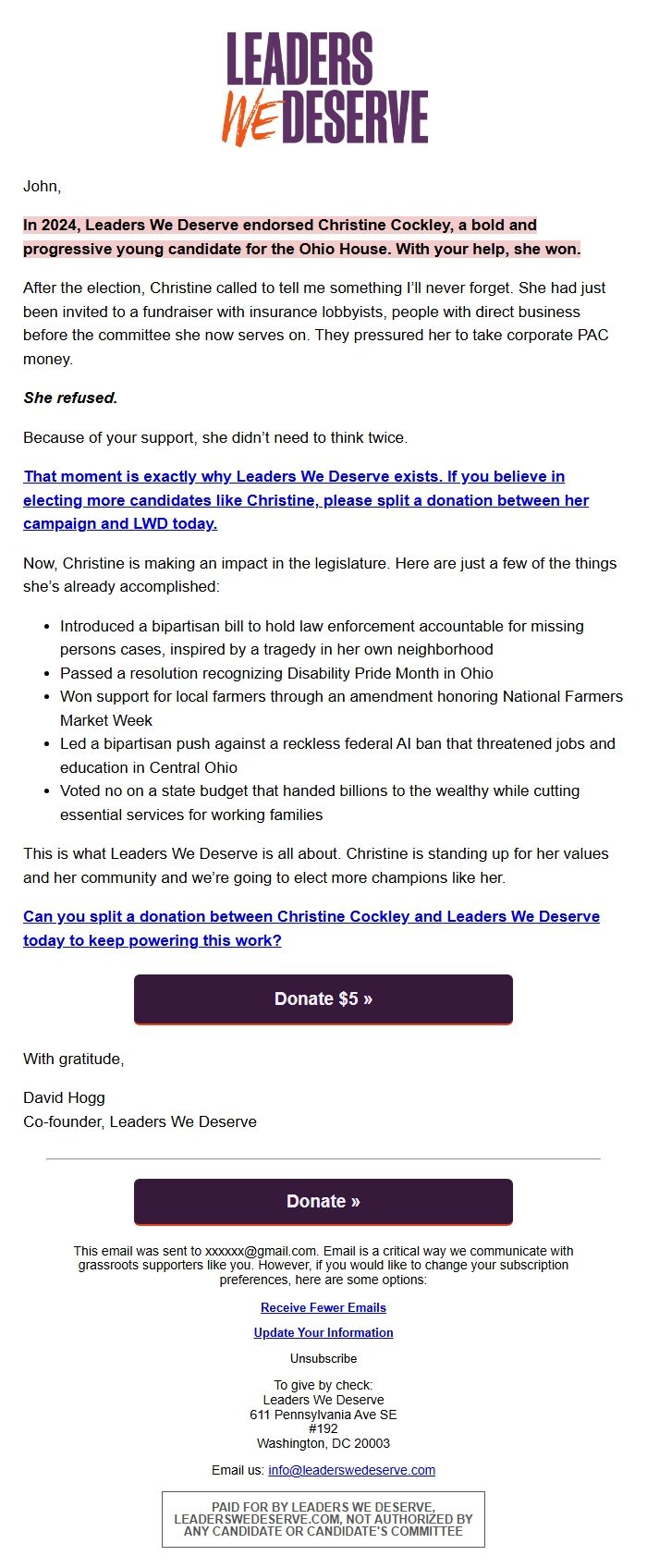 Screenshot of the email generated on import