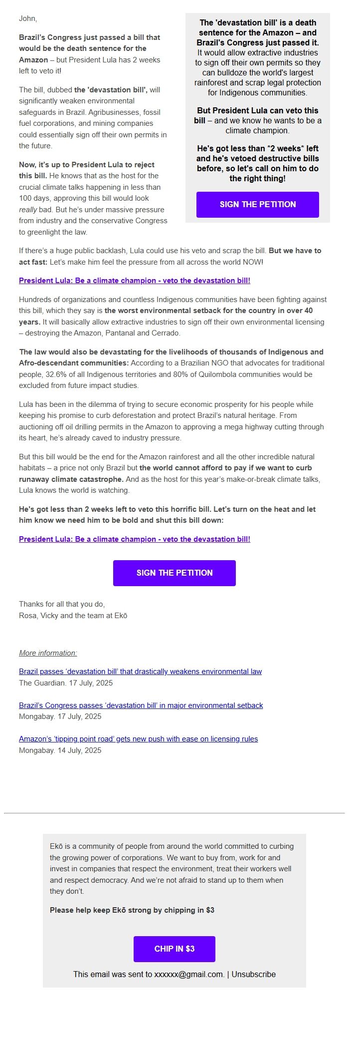 Screenshot of the email generated on import