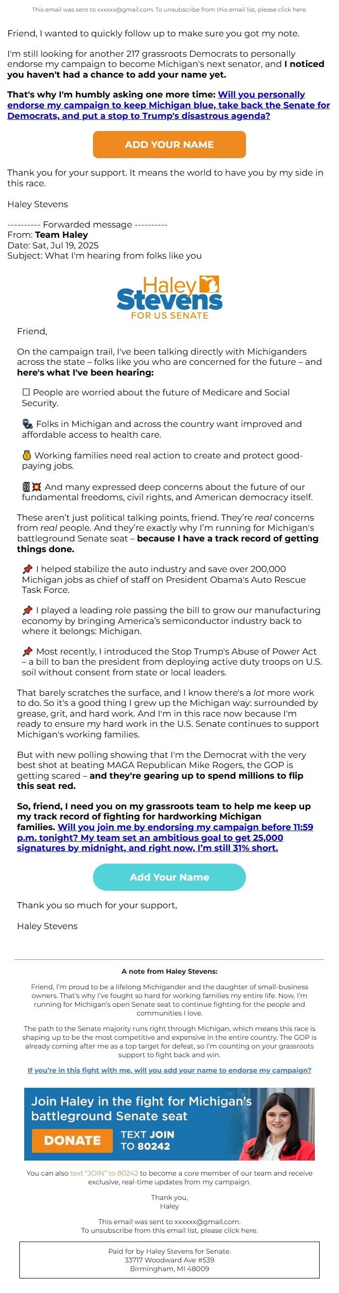 Screenshot of the email generated on import