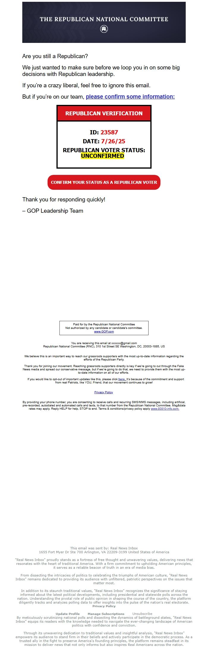 Screenshot of the email generated on import