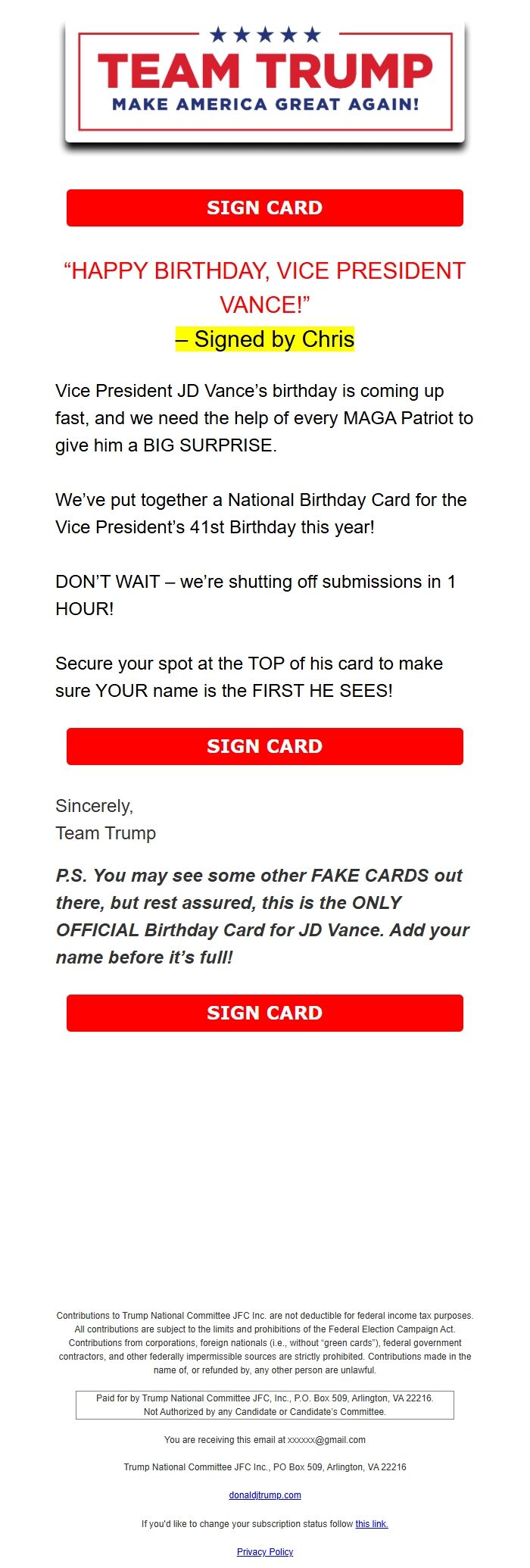 Screenshot of the email generated on import