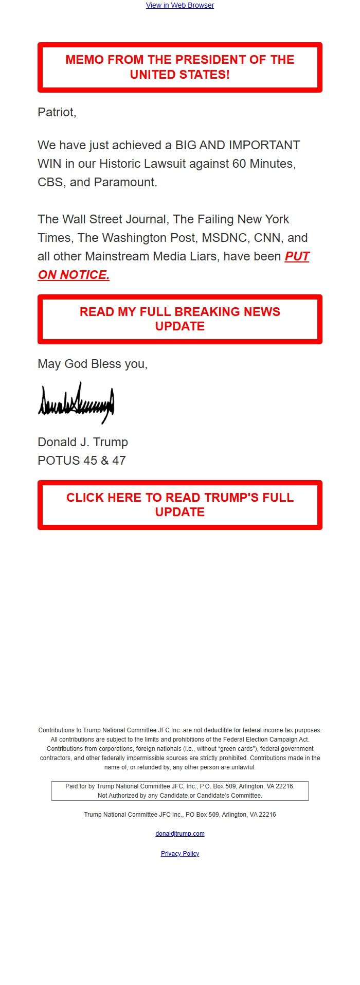 Screenshot of the email generated on import