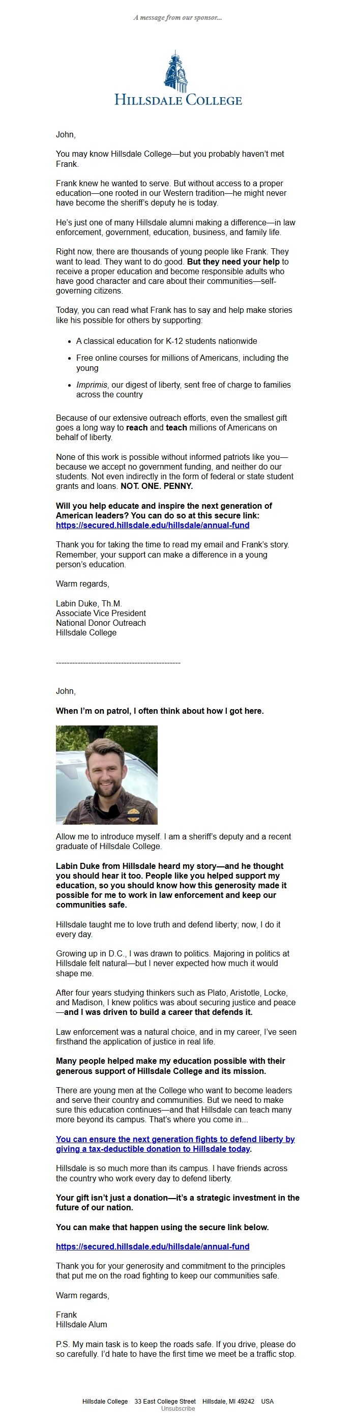 Screenshot of the email generated on import