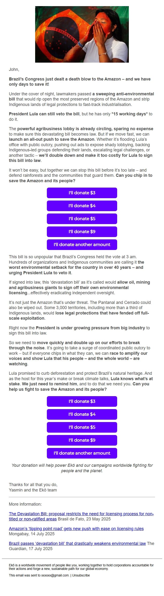 Screenshot of the email generated on import