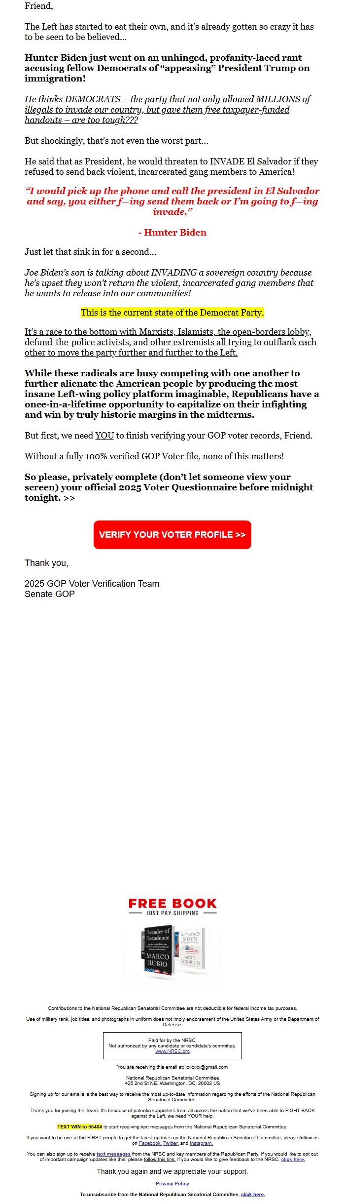 Screenshot of the email generated on import