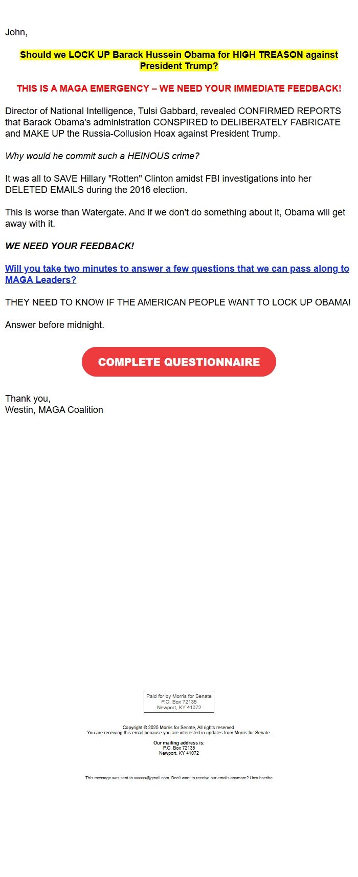 Screenshot of the email generated on import