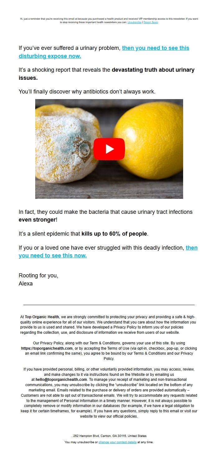 Screenshot of the email generated on import