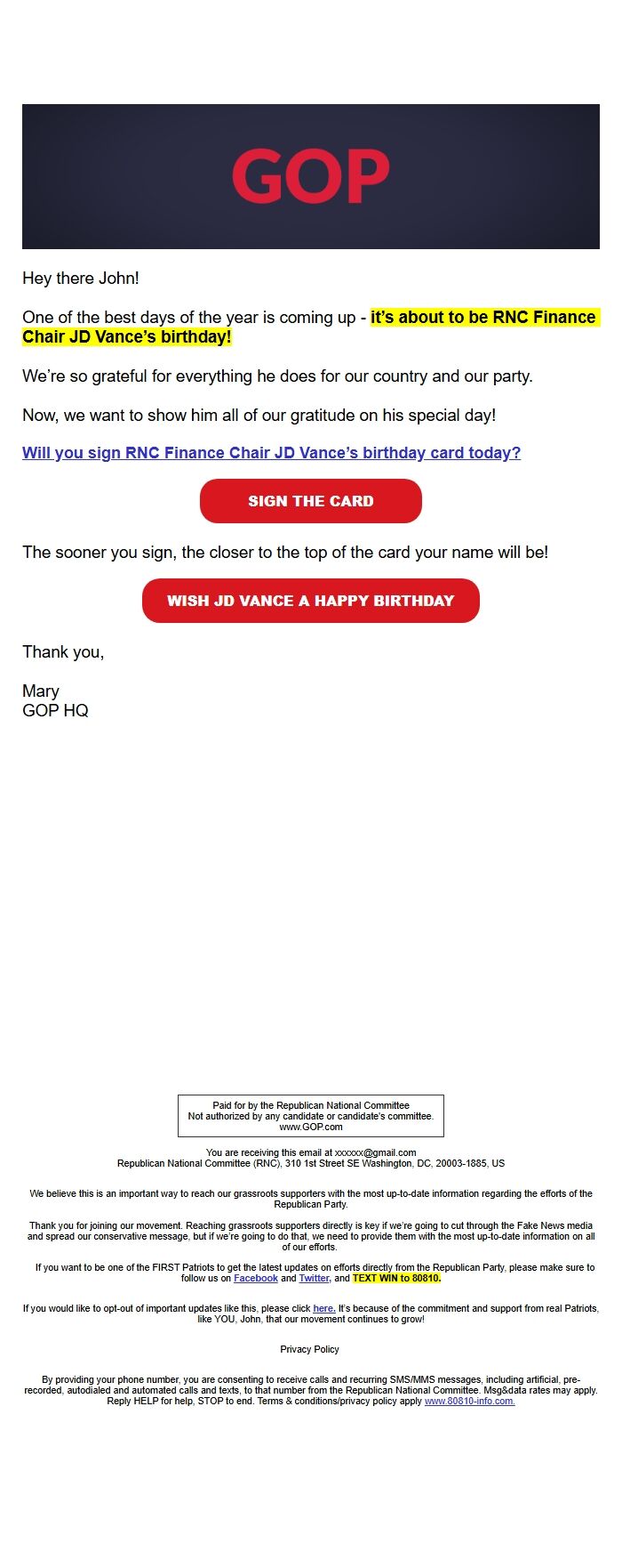 Screenshot of the email generated on import