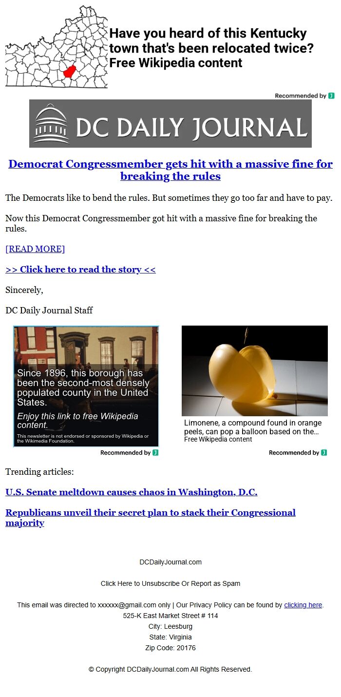 Screenshot of the email generated on import