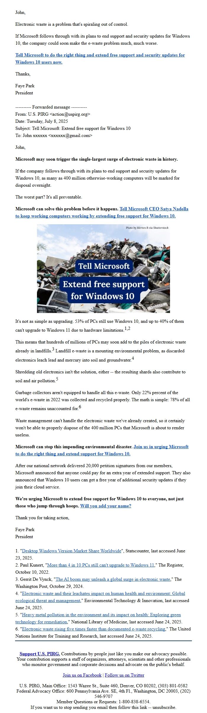 Screenshot of the email generated on import