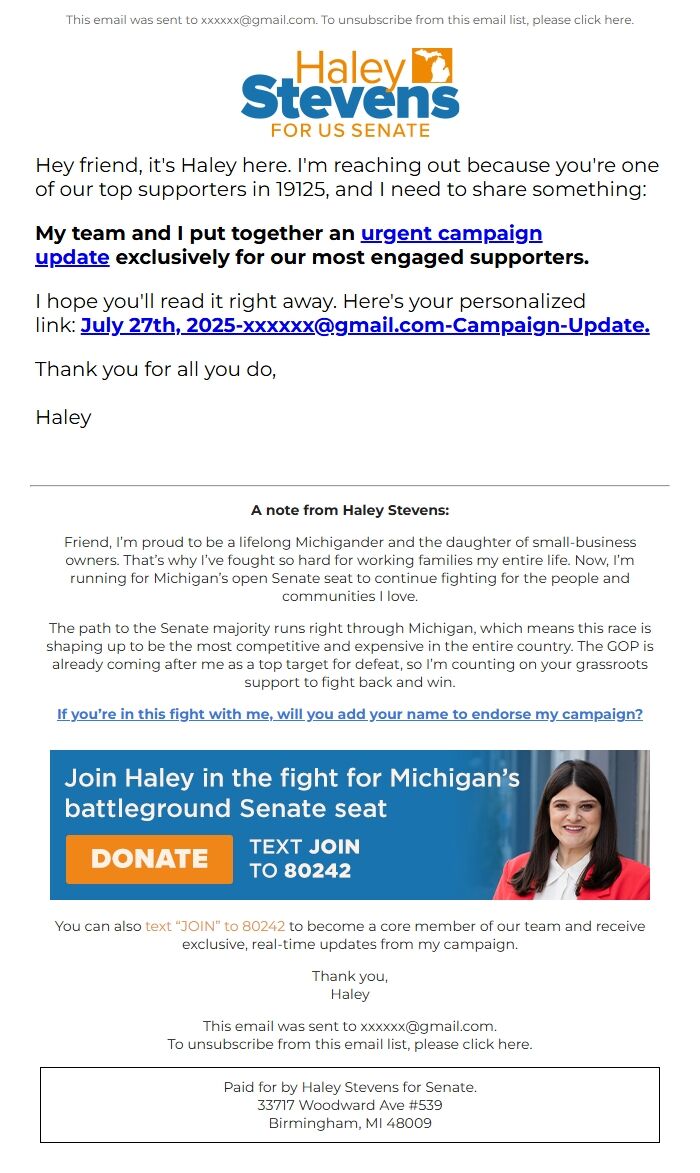 Screenshot of the email generated on import