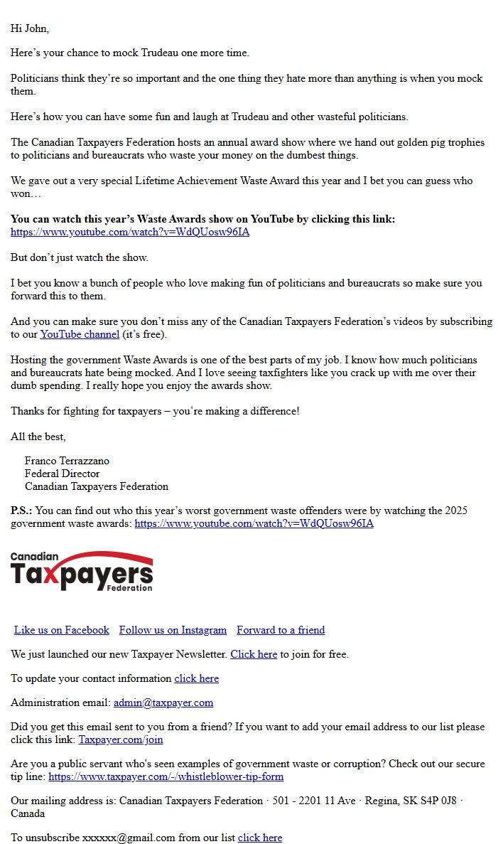 Screenshot of the email generated on import