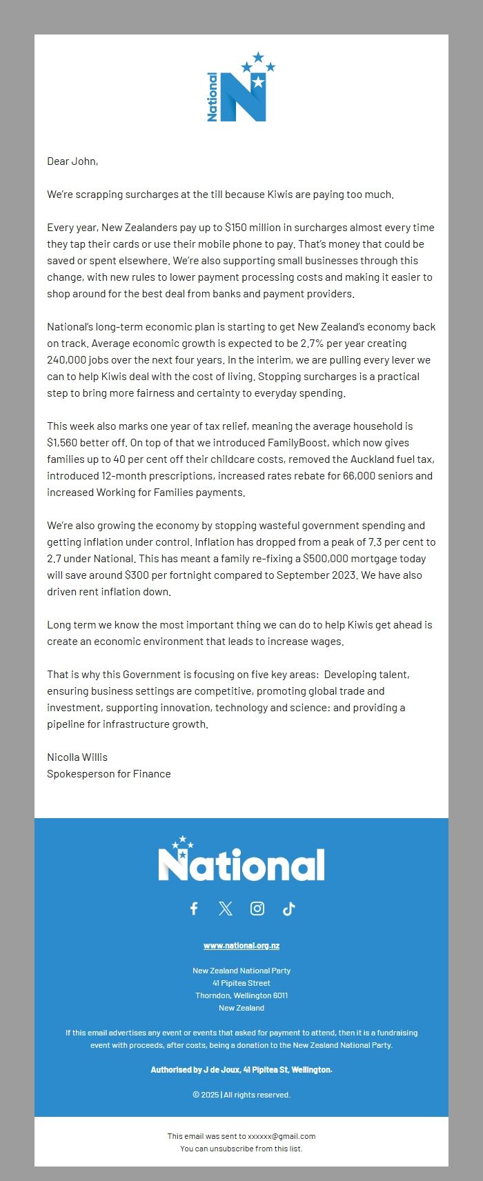 Screenshot of the email generated on import