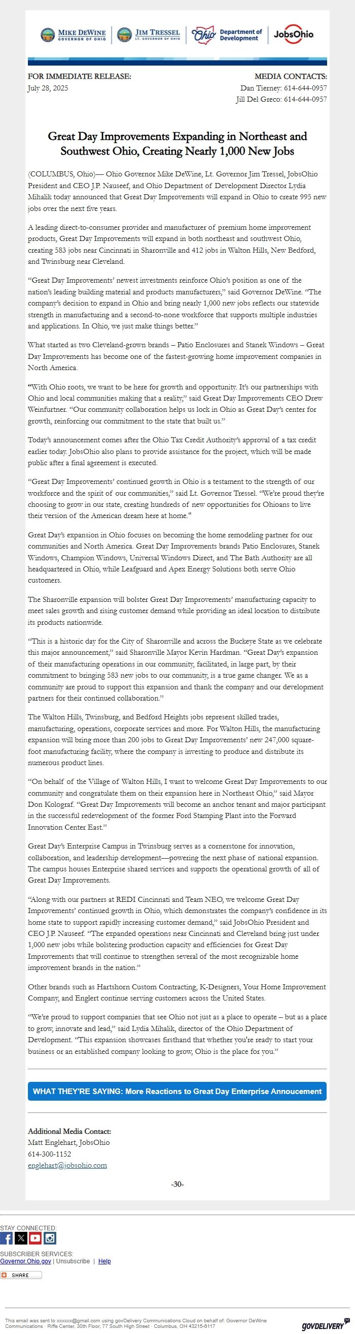 Screenshot of the email generated on import