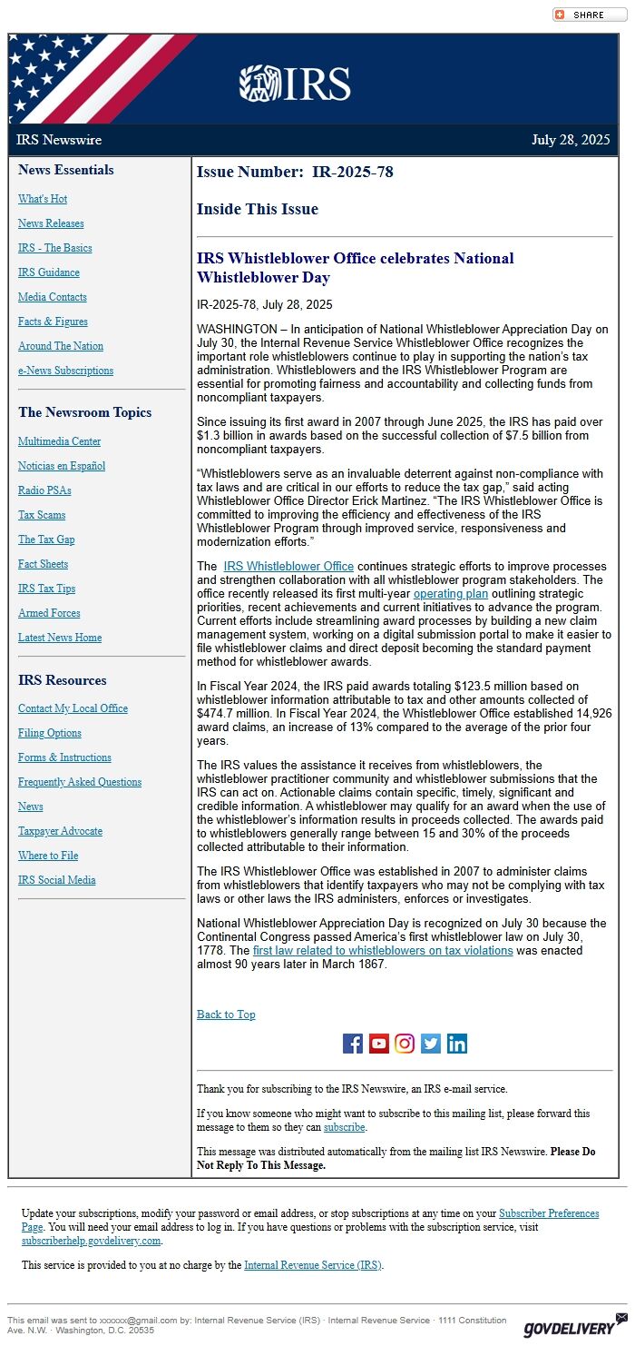 Screenshot of the email generated on import