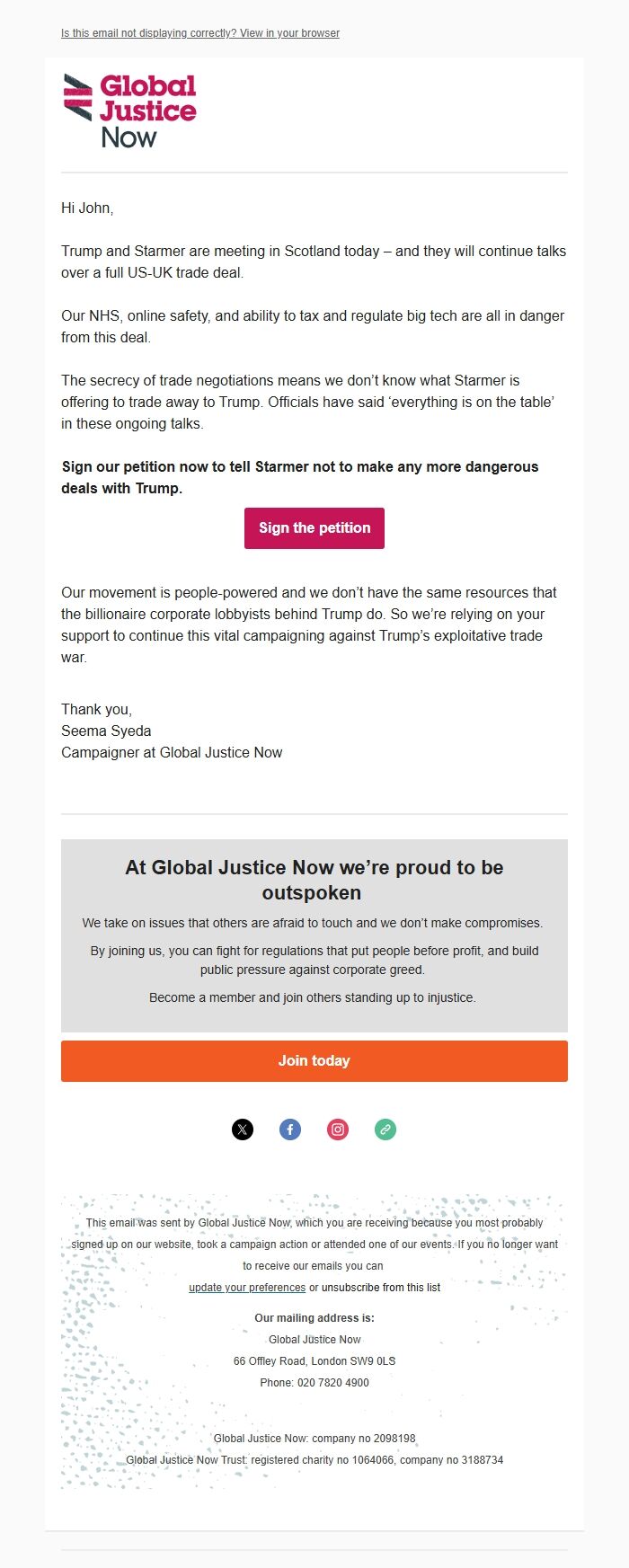Screenshot of the email generated on import