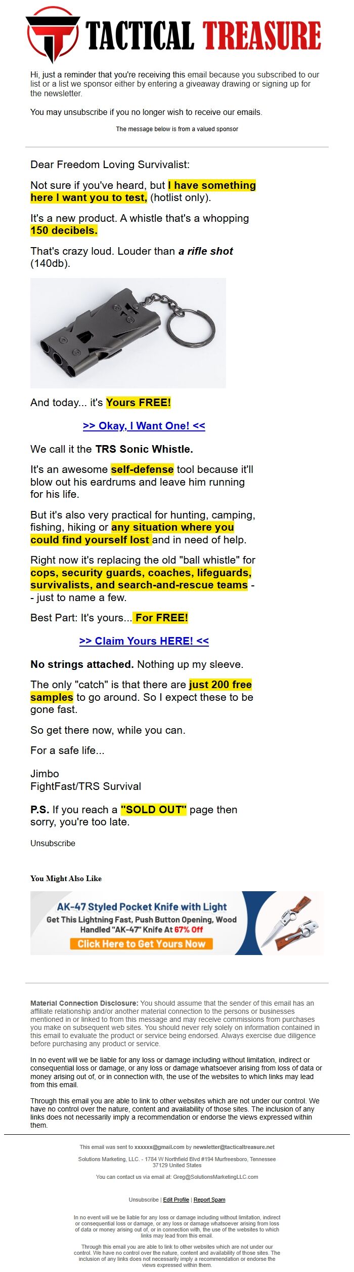 Screenshot of the email generated on import