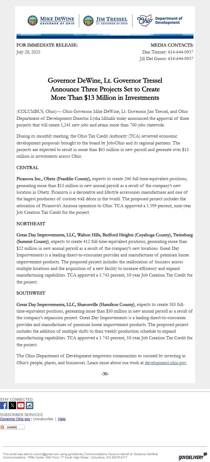 Screenshot of the email generated on import