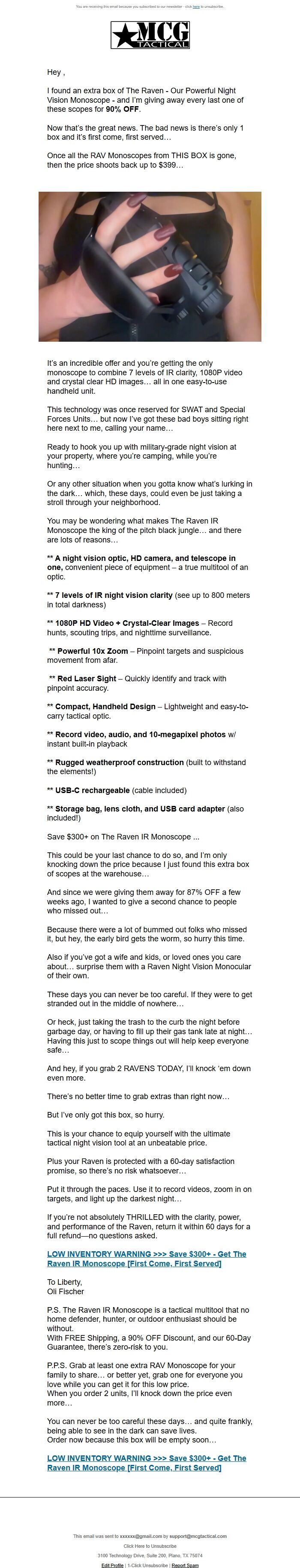 Screenshot of the email generated on import