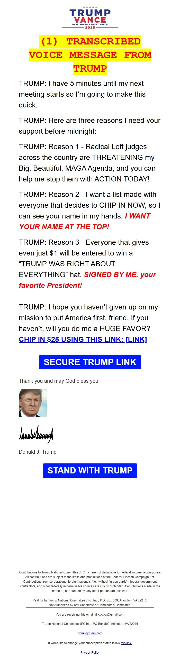 Screenshot of the email generated on import
