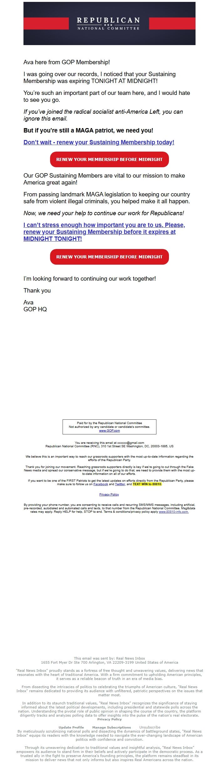 Screenshot of the email generated on import