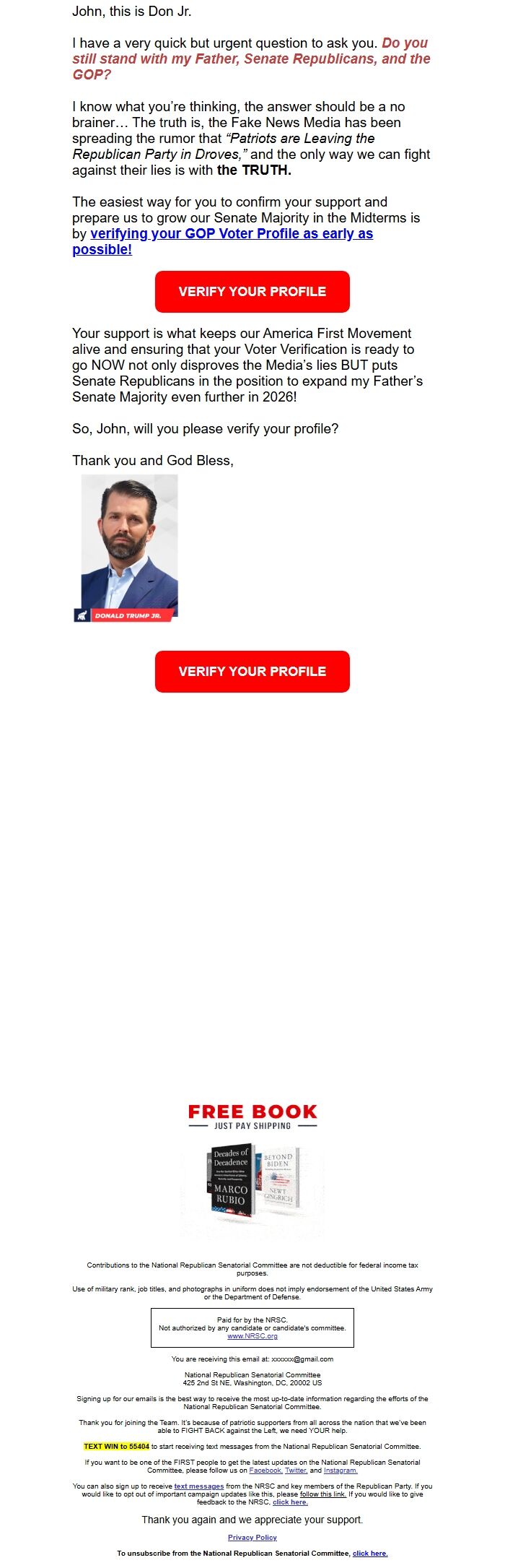 Screenshot of the email generated on import