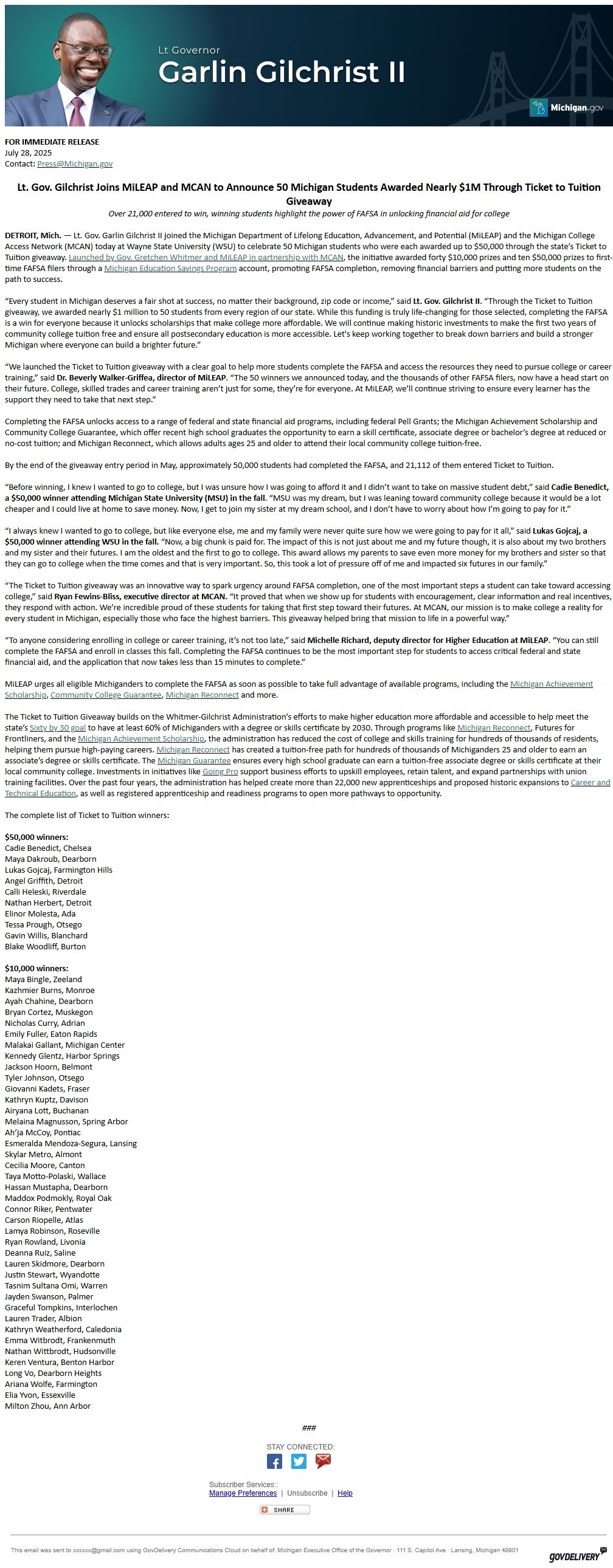 Screenshot of the email generated on import