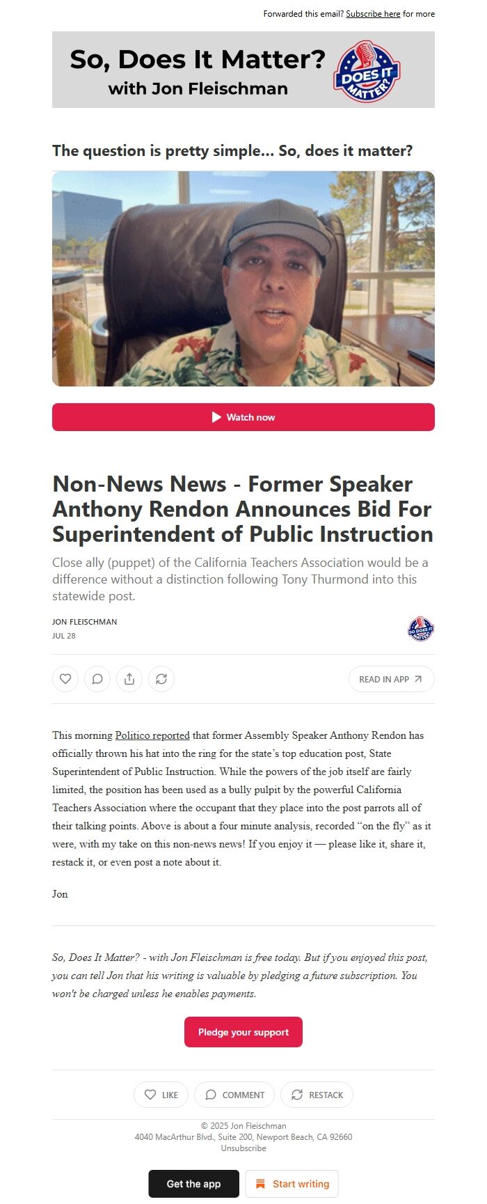 Screenshot of the email generated on import
